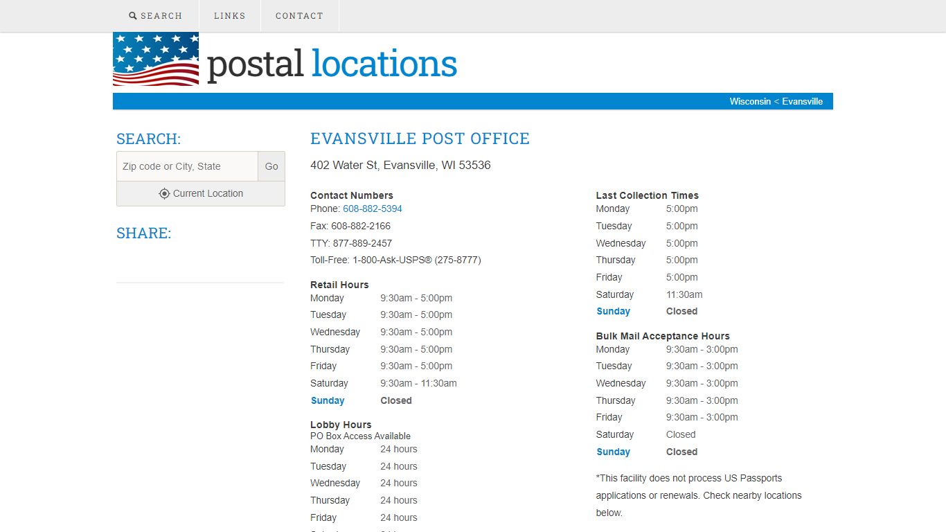 Post Office in Evansville, WI - Hours and Location - Postal Locations