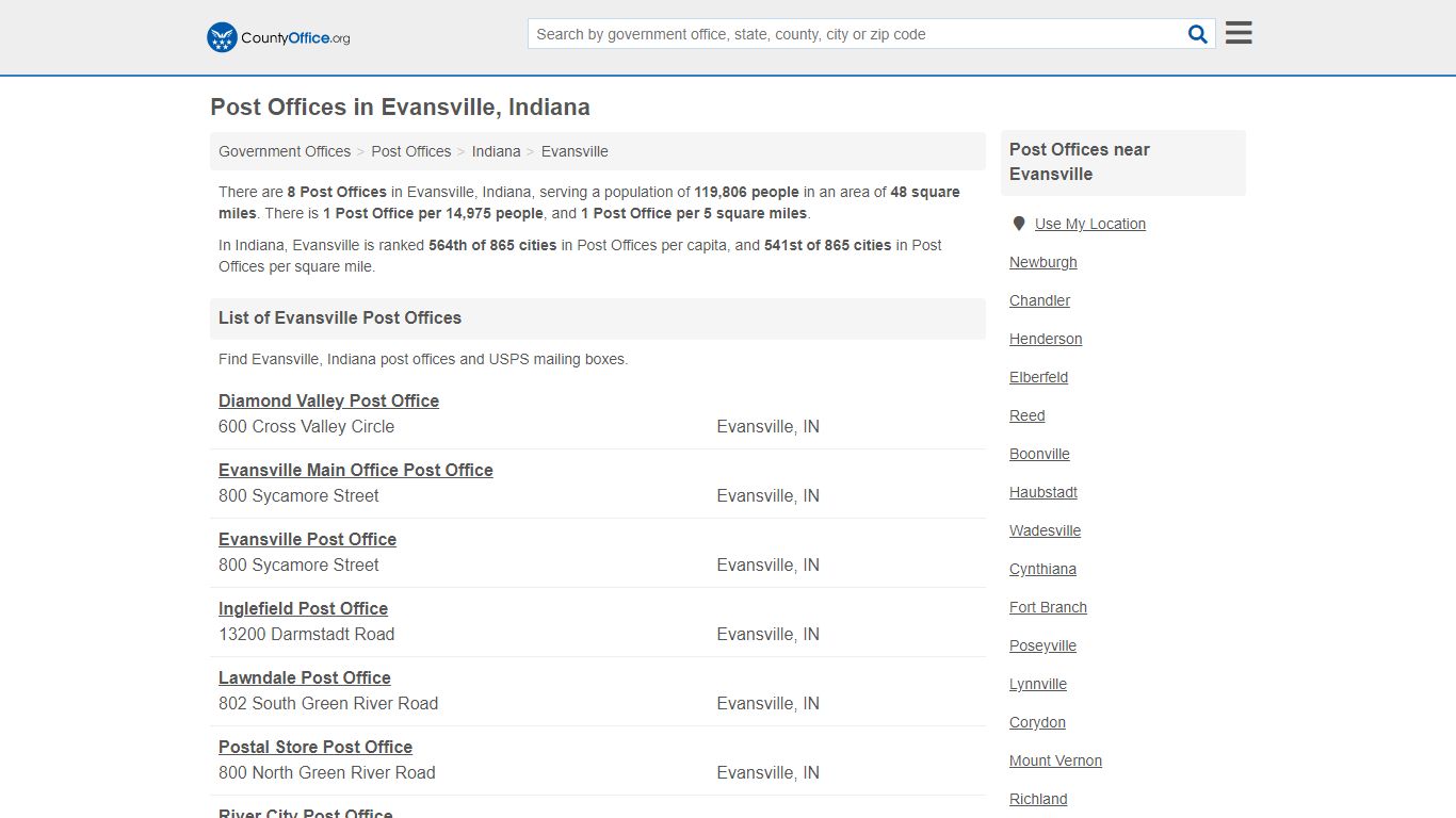 Post Offices - Evansville, IN (Mail Services & PO Boxes) - County Office