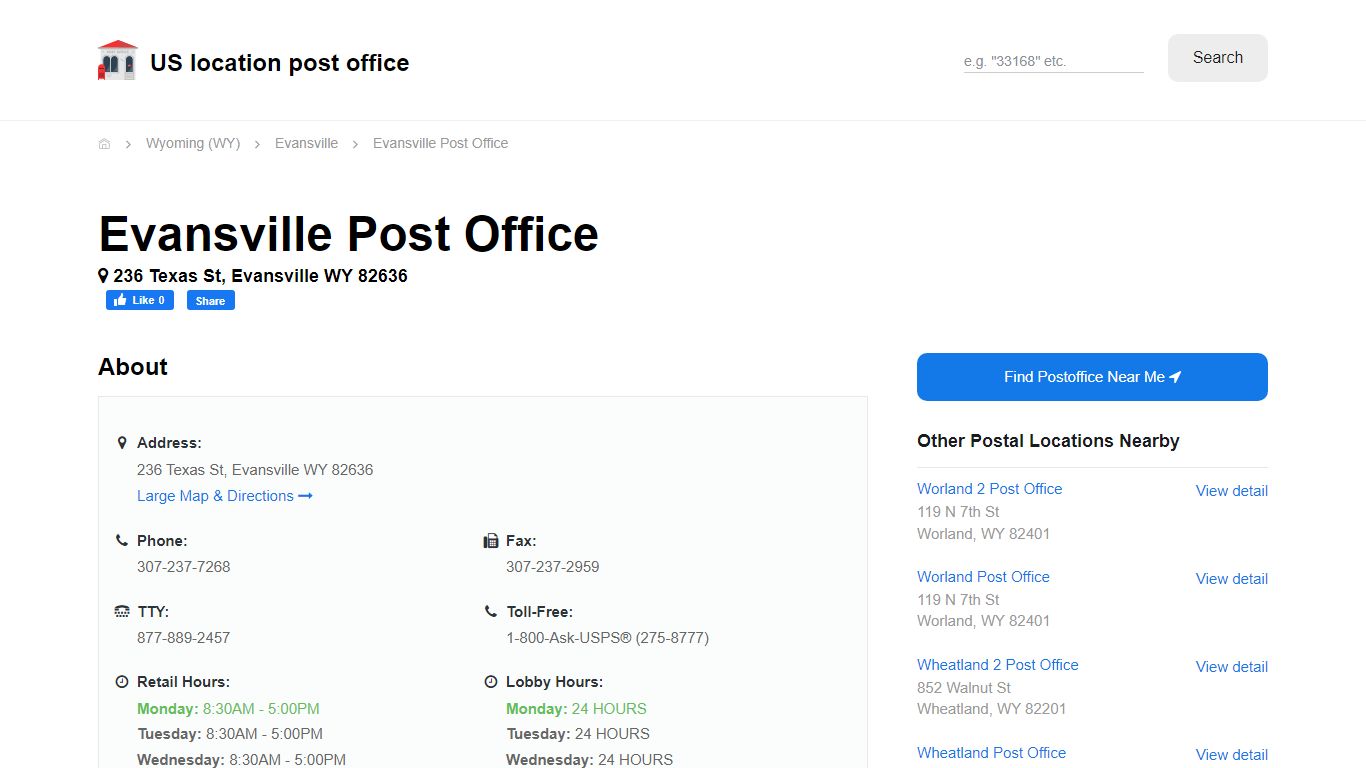 Evansville Post Office, WY 82636 - Hours Phone Service and Location